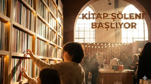 Gençler ve çocuklar kitaplara ilgileniyor, kitap fuarı etkinliği vurgulanıyor.